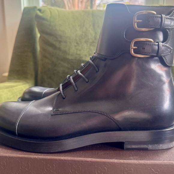 NWT Gucci Military Boot lace- up w/ Double Buckle & a cap toe - Black - Picture 3 of 15